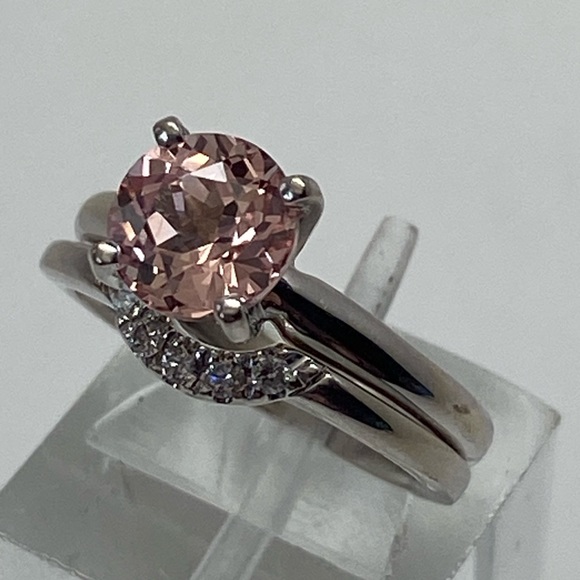 14K White Gold Morganite Solitaire Engagement Ring with Diamond Wedding Band - Picture 2 of 15